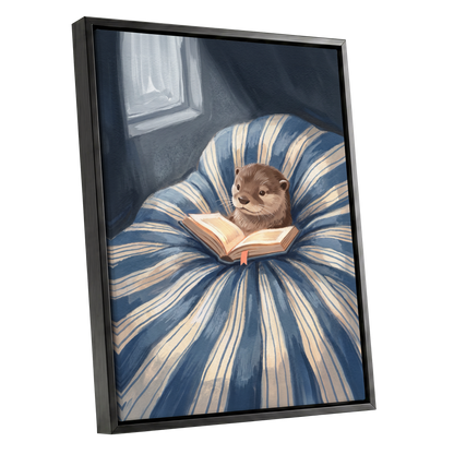 The Bookish Otter, blue, beige, brown nature wall art shown as a black framed canvas wall art