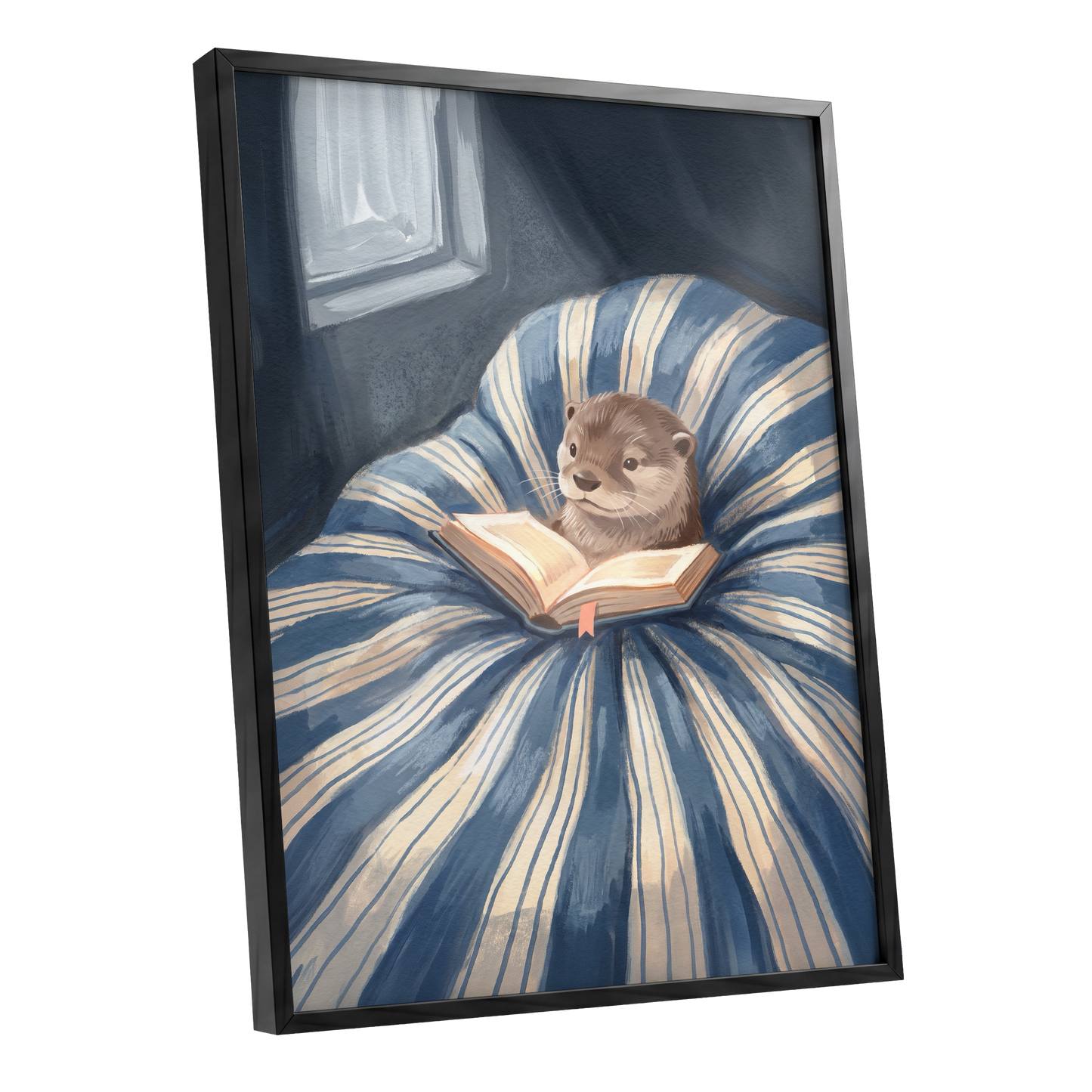 The Bookish Otter, blue, beige, brown nature wall art shown as a black framed poster wall art print