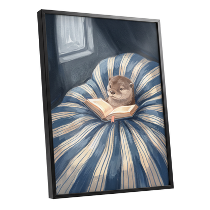 The Bookish Otter, blue, beige, brown nature wall art shown as a black framed poster wall art print