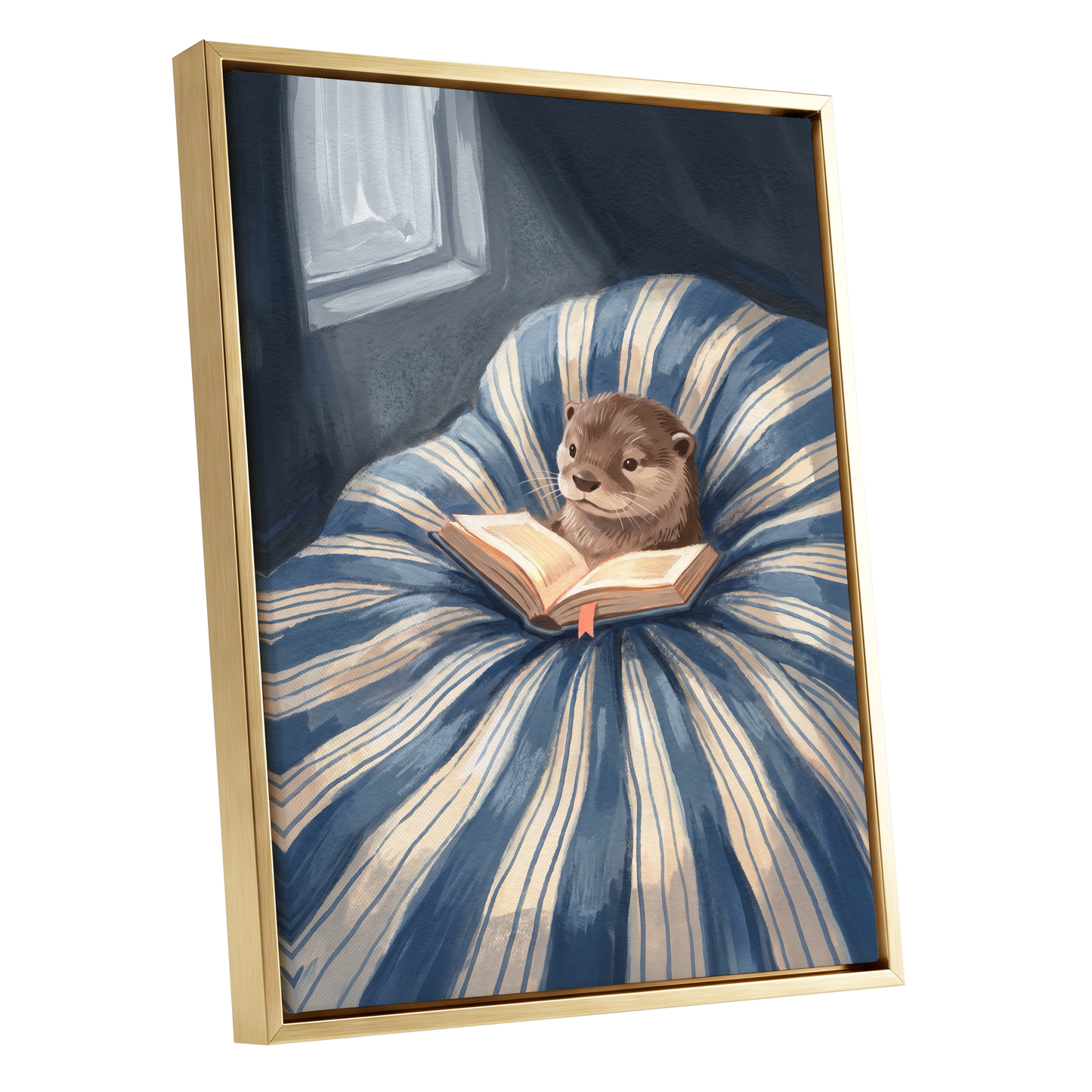 The Bookish Otter, blue, beige, brown nature wall art shown as a gold framed canvas wall art