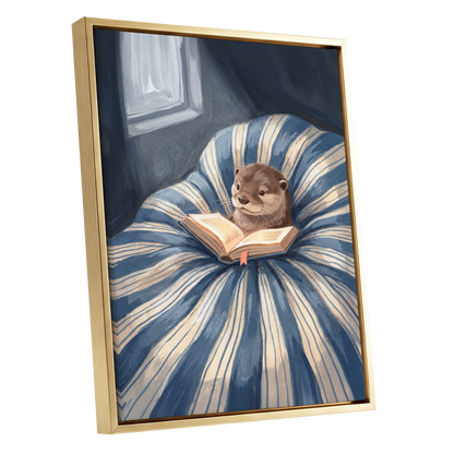 The Bookish Otter, blue, beige, brown nature wall art shown as a gold framed canvas wall art
