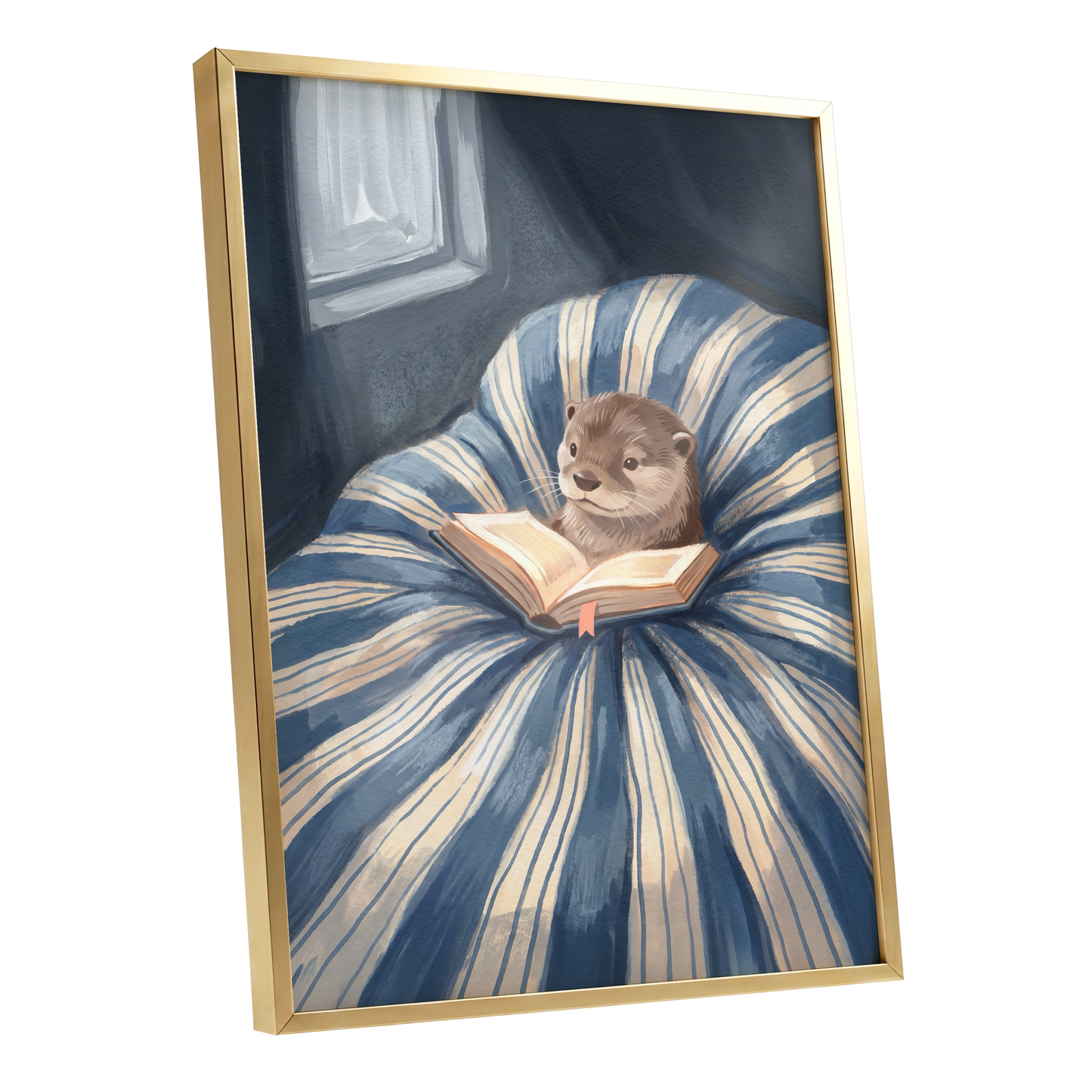 The Bookish Otter, blue, beige, brown nature wall art shown as a gold framed poster wall art print