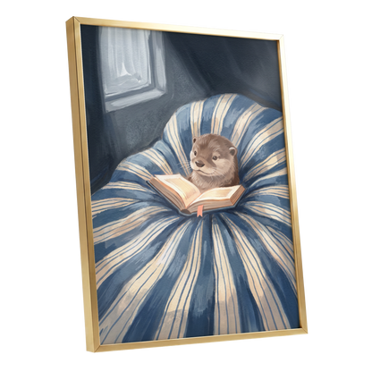 The Bookish Otter, blue, beige, brown nature wall art shown as a gold framed poster wall art print