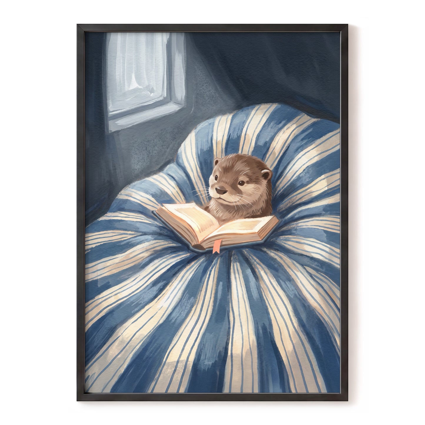 The Bookish Otter, blue, beige, brown nature wall art, front artwork view