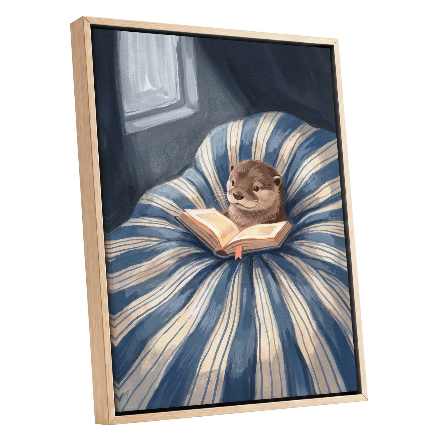 The Bookish Otter, blue, beige, brown nature wall art shown as a oak framed canvas wall art