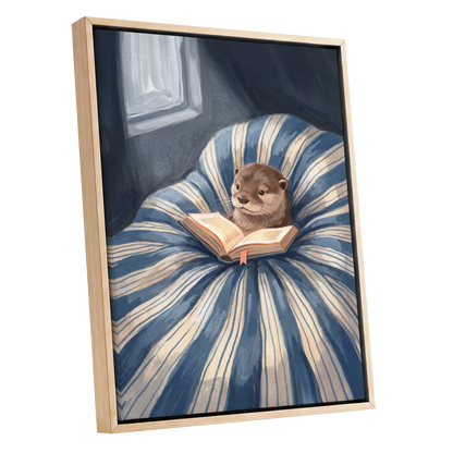 The Bookish Otter, blue, beige, brown nature wall art shown as a oak framed canvas wall art