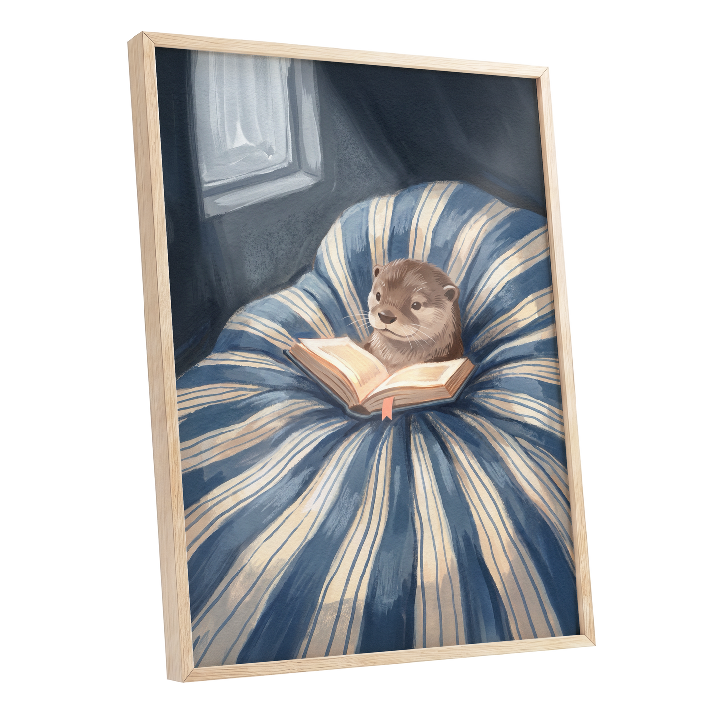 The Bookish Otter, blue, beige, brown nature wall art shown as a oak framed poster wall art print