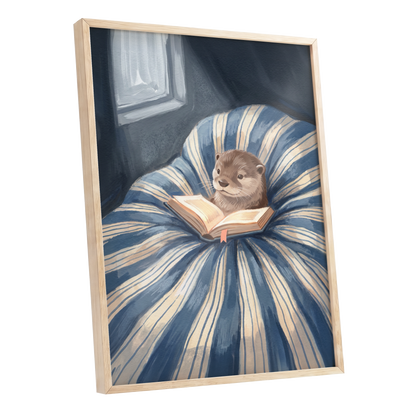 The Bookish Otter, blue, beige, brown nature wall art shown as a oak framed poster wall art print