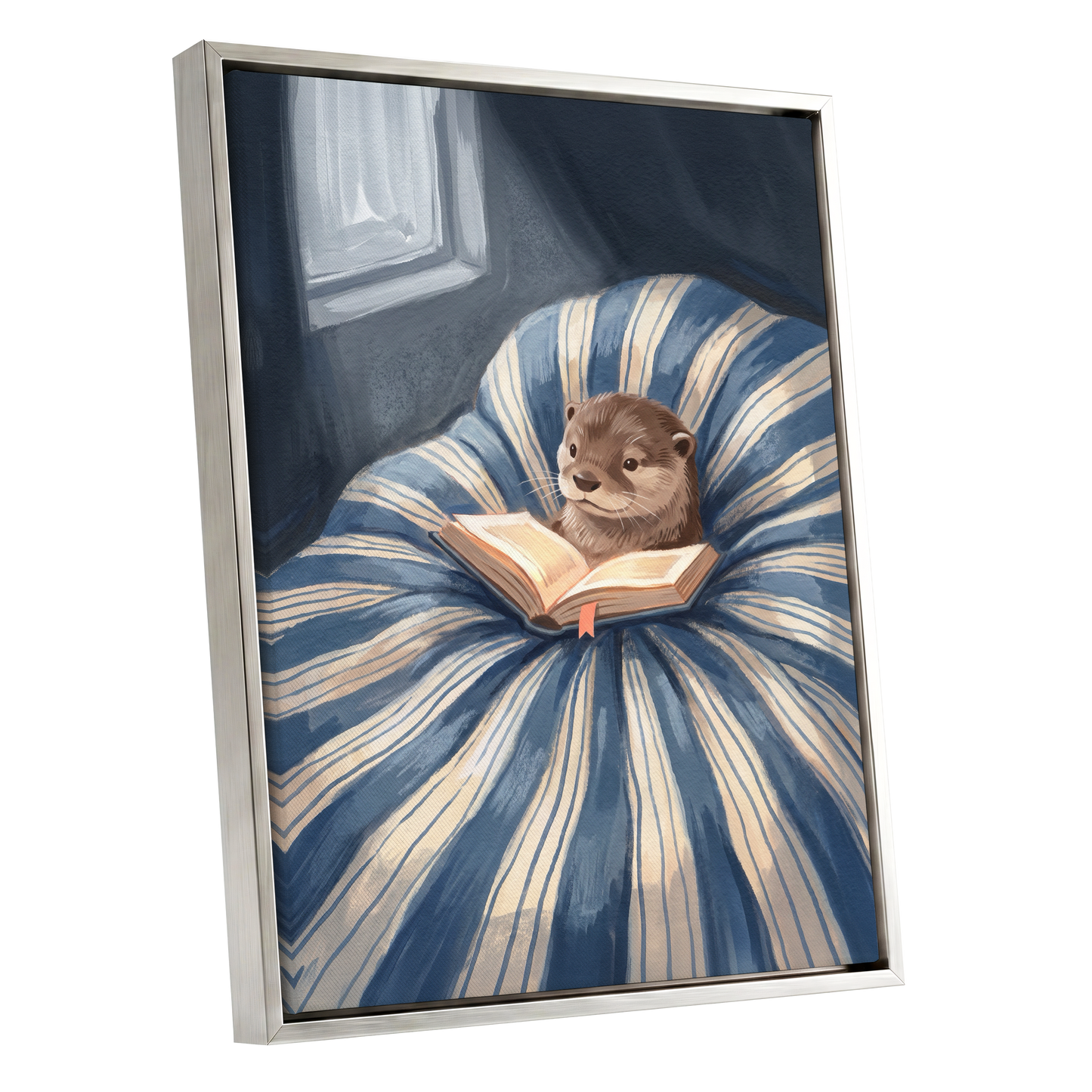The Bookish Otter, blue, beige, brown nature wall art shown as a silver framed canvas wall art