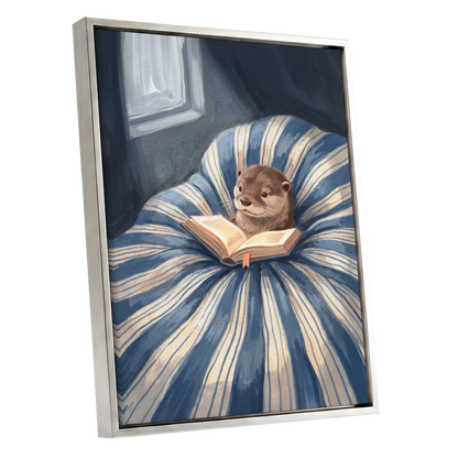 The Bookish Otter, blue, beige, brown nature wall art shown as a silver framed canvas wall art