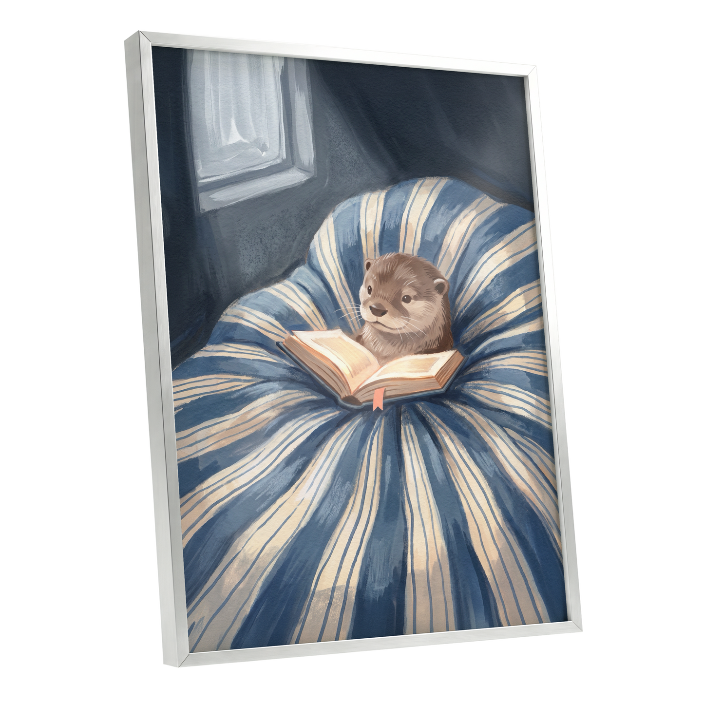 The Bookish Otter, blue, beige, brown nature wall art shown as a silver framed poster wall art print