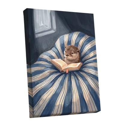 The Bookish Otter, blue, beige, brown nature wall art shown as a stretched canvas wall art