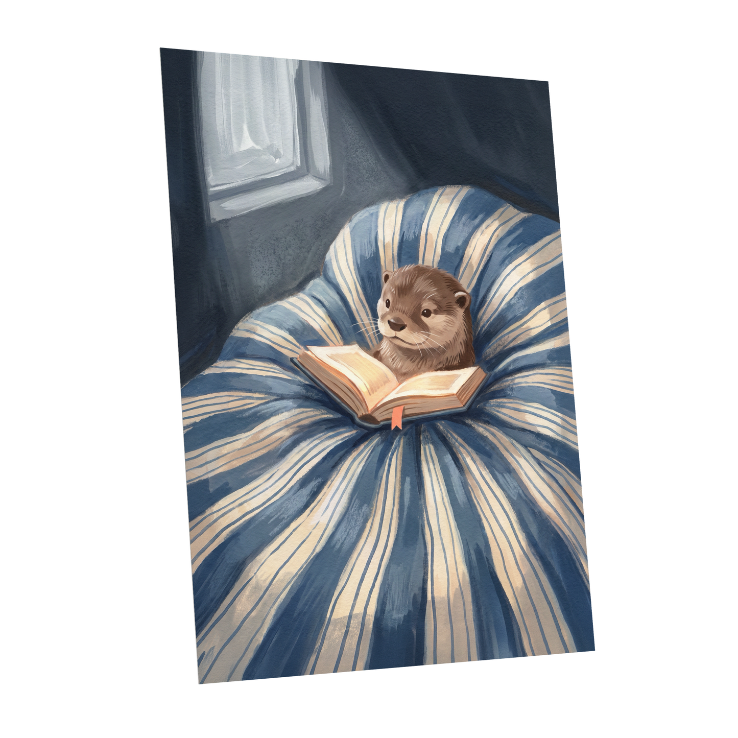 The Bookish Otter, blue, beige, brown nature wall art shown as a unframed poster wall art print