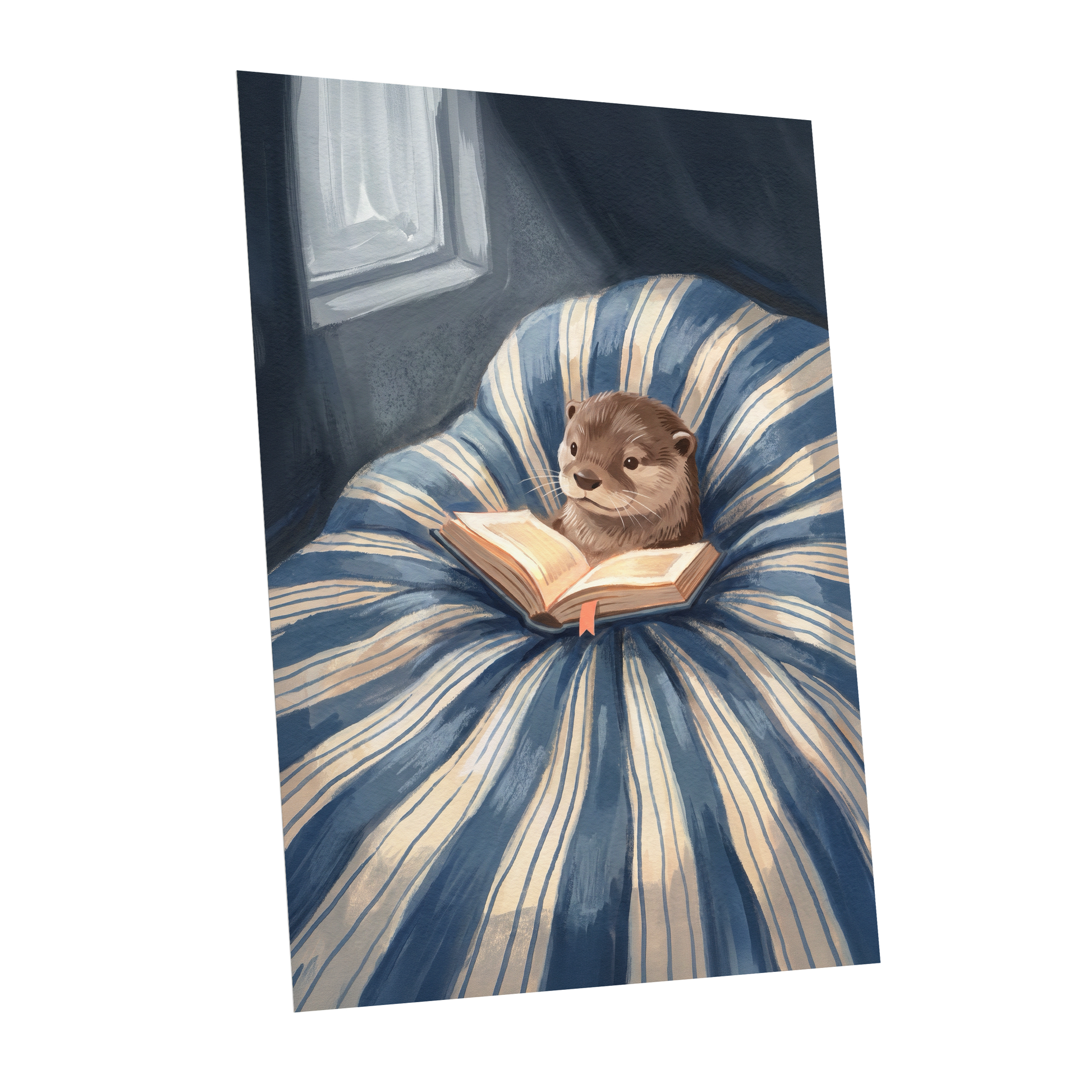 The Bookish Otter, blue, beige, brown nature wall art shown as a unframed poster wall art print