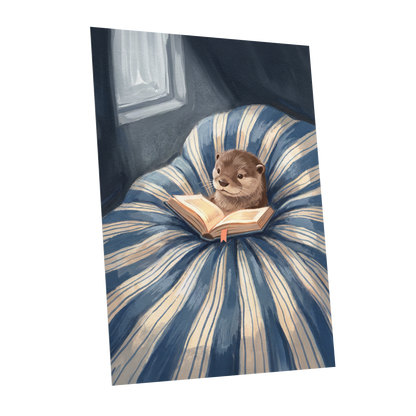 The Bookish Otter, blue, beige, brown nature wall art shown as a unframed poster wall art print