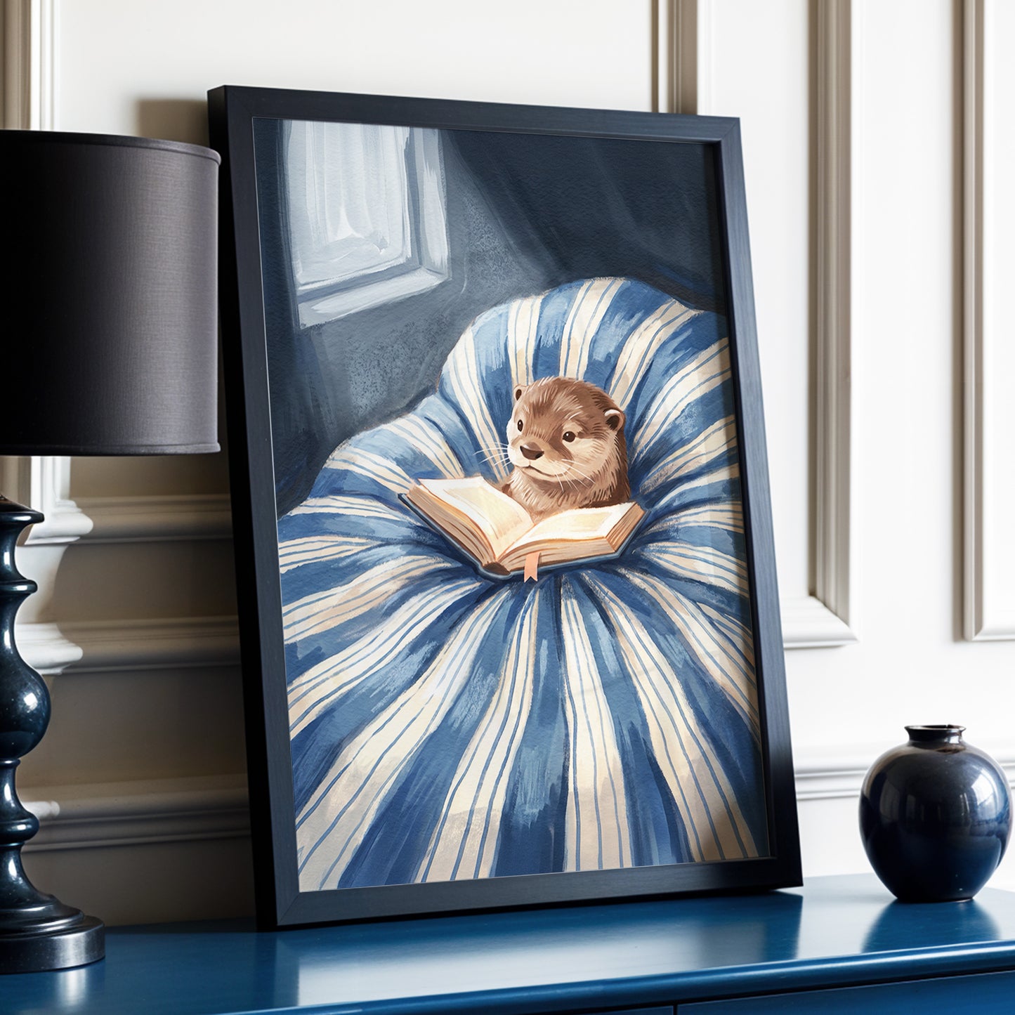 The Bookish Otter, blue, beige, brown nature wall art displayed in a styled interior, gallery view 2