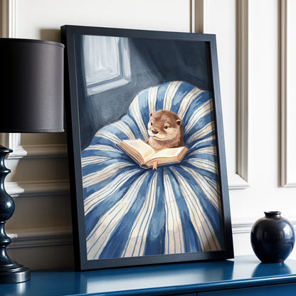 The Bookish Otter, blue, beige, brown nature wall art displayed in a styled interior, gallery view 2