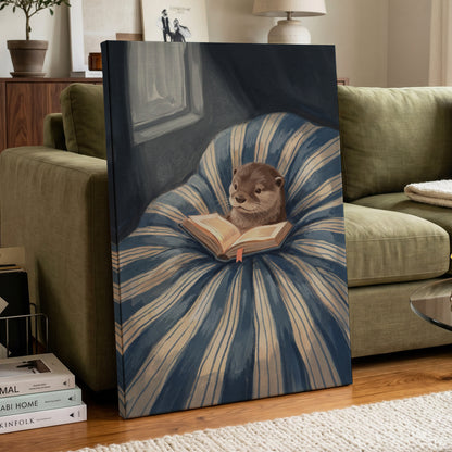 The Bookish Otter, blue, beige, brown nature wall art displayed in a styled interior, gallery view 3
