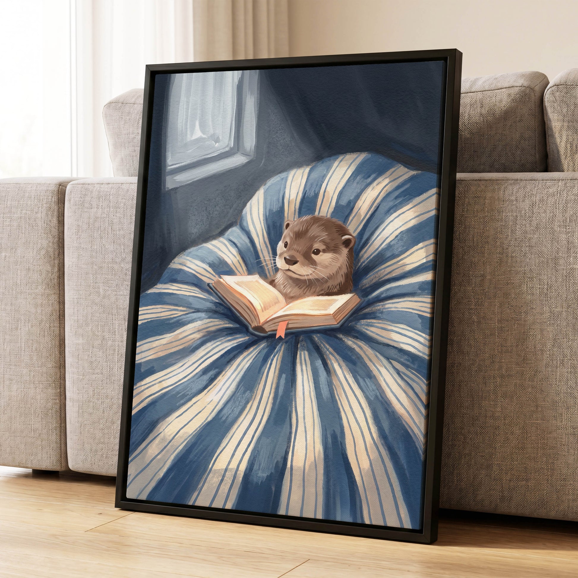 The Bookish Otter, blue, beige, brown nature wall art displayed in a styled interior, gallery view 4