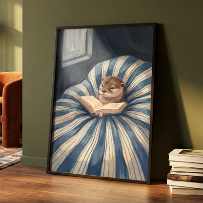 The Bookish Otter, blue, beige, brown nature wall art displayed in a styled interior, gallery view 6