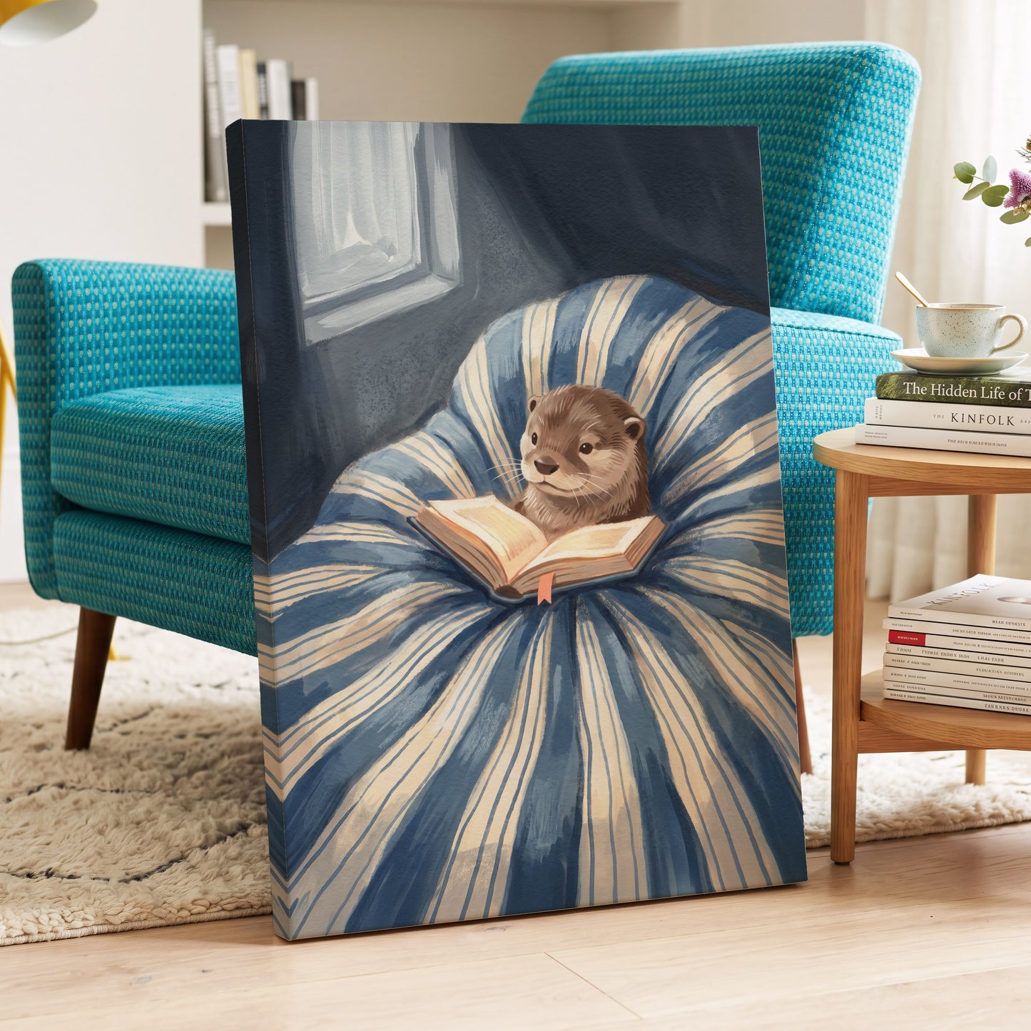 The Bookish Otter, blue, beige, brown nature wall art displayed in a styled interior, gallery view 7