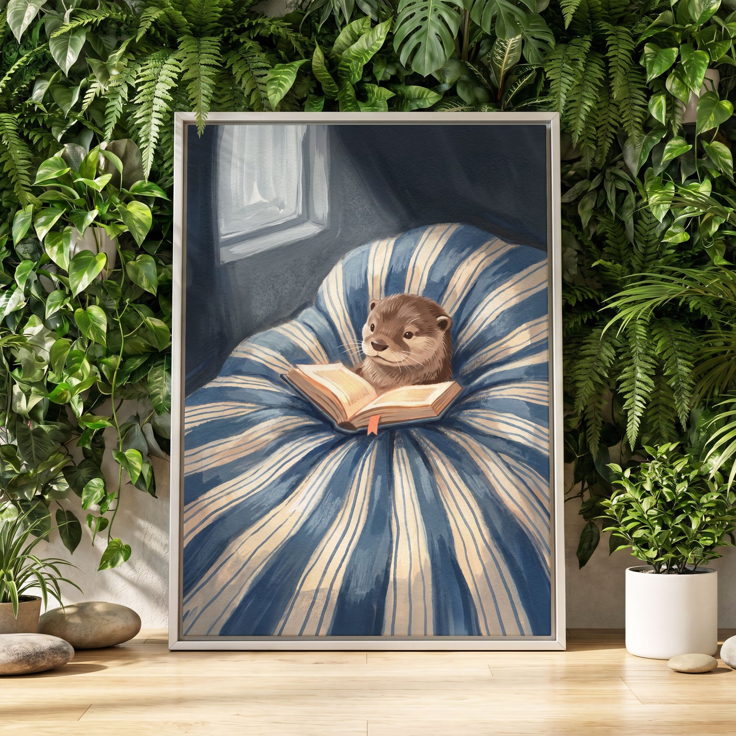 The Bookish Otter, blue, beige, brown nature wall art displayed in a styled interior, gallery view 8
