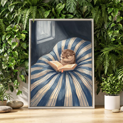 The Bookish Otter, blue, beige, brown nature wall art displayed in a styled interior, gallery view 8