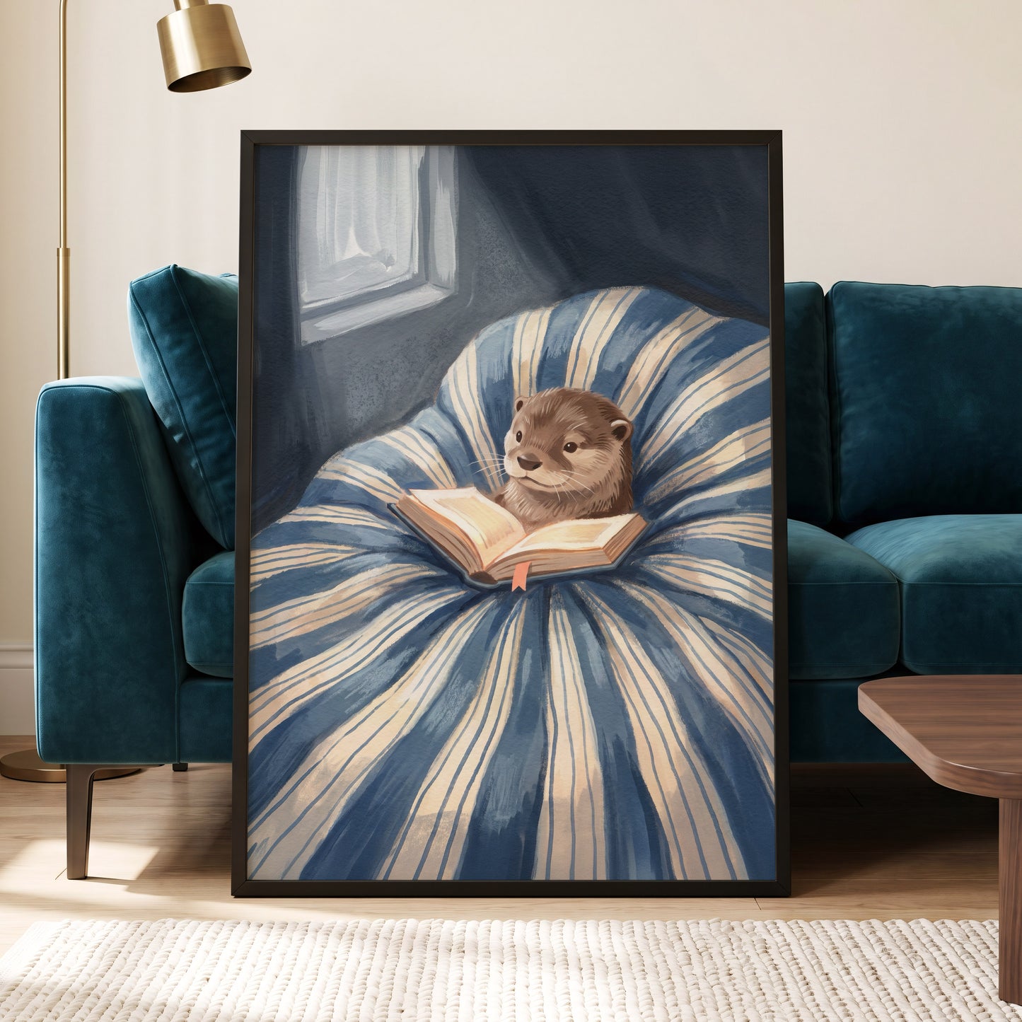 The Bookish Otter, blue, beige, brown nature wall art displayed in a styled interior, gallery view 9