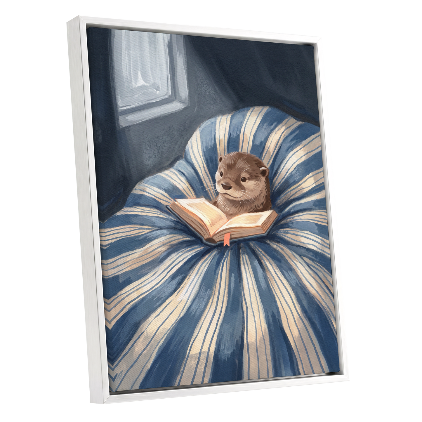 The Bookish Otter, blue, beige, brown nature wall art shown as a white framed canvas wall art