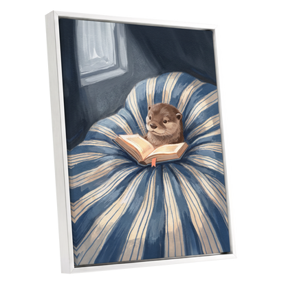 The Bookish Otter, blue, beige, brown nature wall art shown as a white framed canvas wall art
