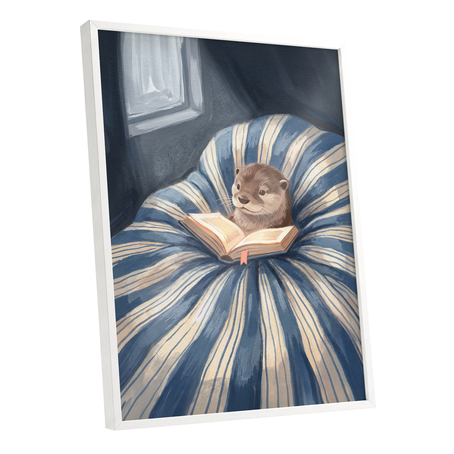 The Bookish Otter, blue, beige, brown nature wall art shown as a white framed poster wall art print