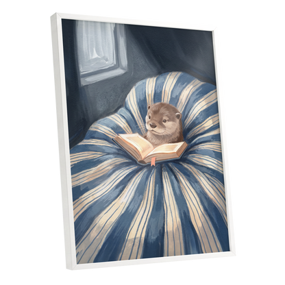 The Bookish Otter, blue, beige, brown nature wall art shown as a white framed poster wall art print