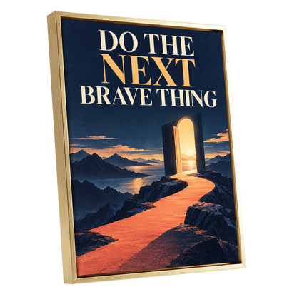 The Brave Horizon, blue, orange, beige abstract wall art shown as a gold framed canvas wall art