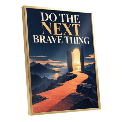 The Brave Horizon, blue, orange, beige abstract wall art shown as a gold framed poster wall art print