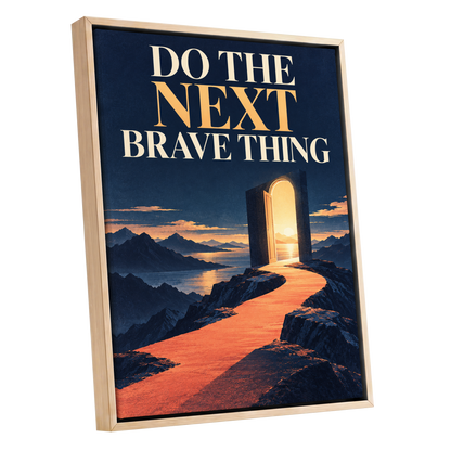 The Brave Horizon, blue, orange, beige abstract wall art shown as a oak framed canvas wall art