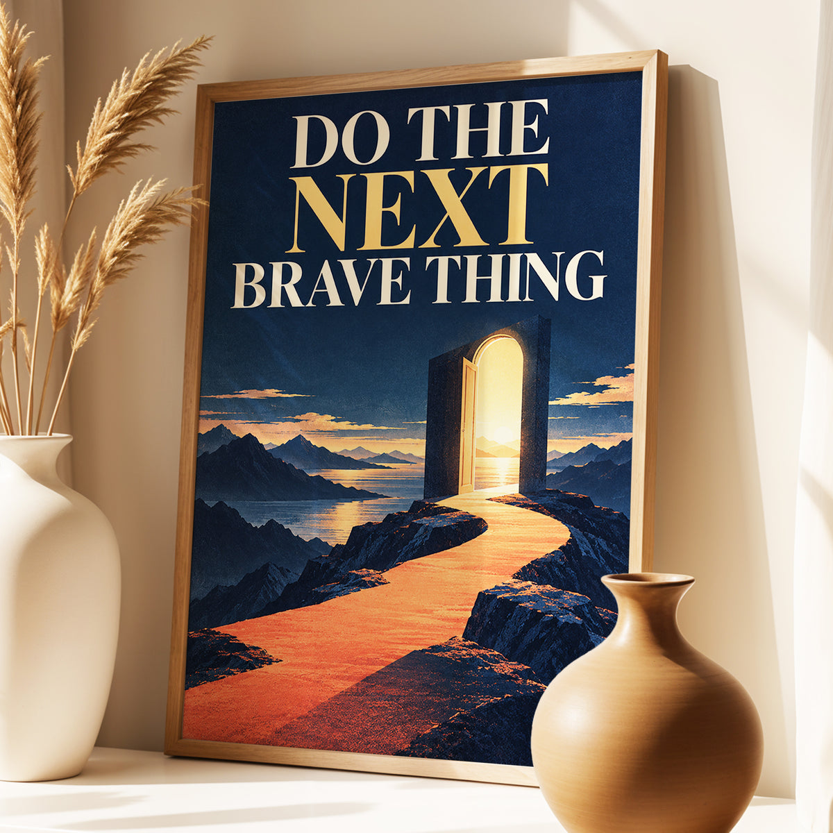 The Brave Horizon, blue, orange, beige abstract wall art displayed in a styled interior, gallery view 3