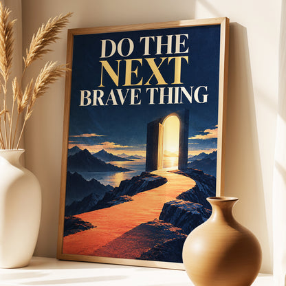 The Brave Horizon, blue, orange, beige abstract wall art displayed in a styled interior, gallery view 3