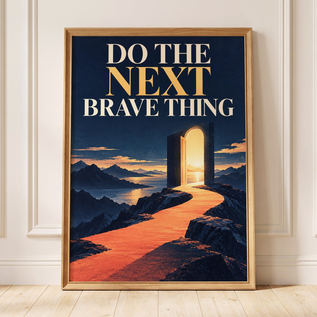 The Brave Horizon, blue, orange, beige abstract wall art displayed in a styled interior, gallery view 4