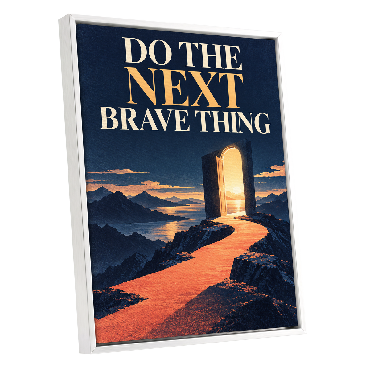 The Brave Horizon, blue, orange, beige abstract wall art shown as a white framed canvas wall art