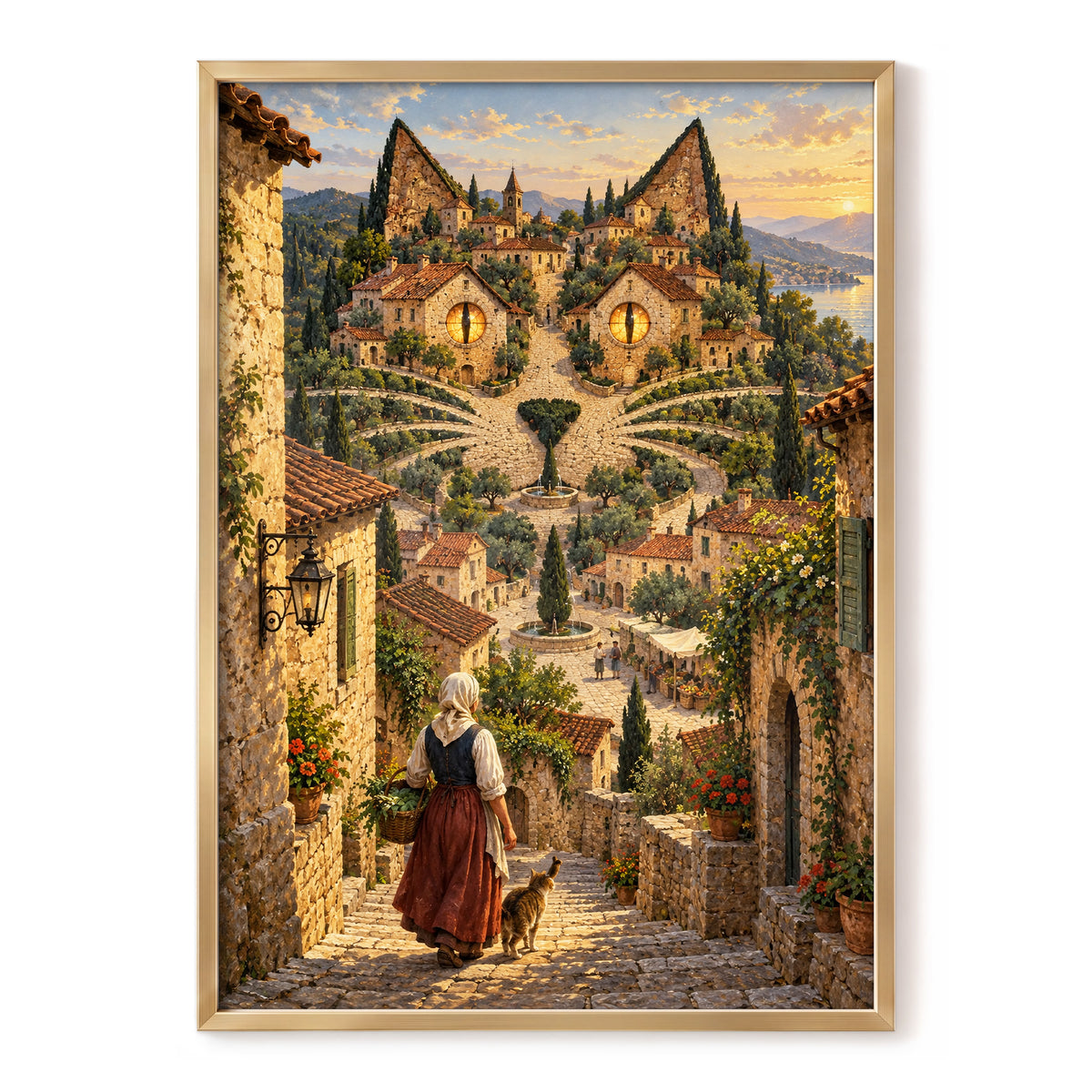 The Cat-Eyed Village, beige, green, gold abstract wall art, front artwork view