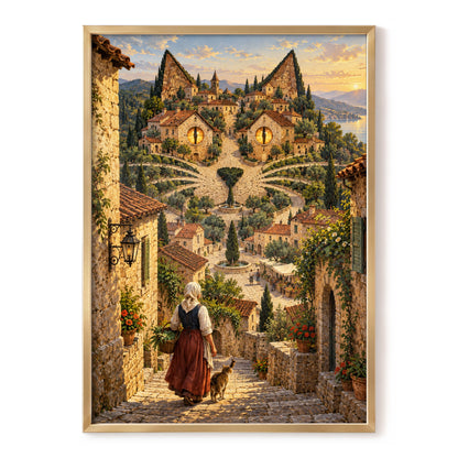 The Cat-Eyed Village, beige, green, gold abstract wall art, front artwork view