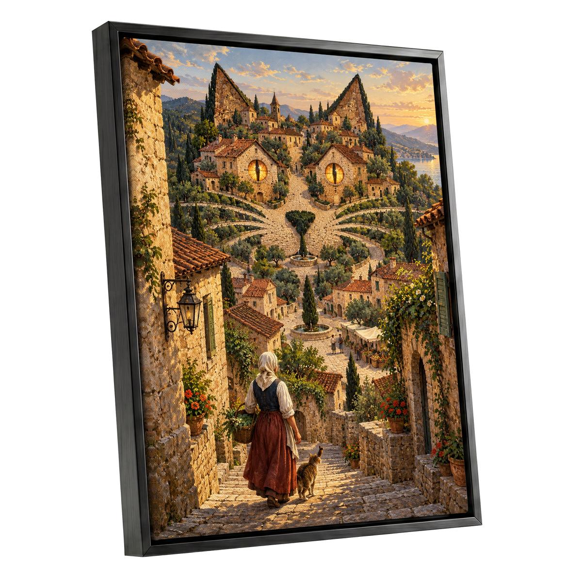 The Cat-Eyed Village, beige, green, gold abstract wall art shown as a black framed canvas wall art