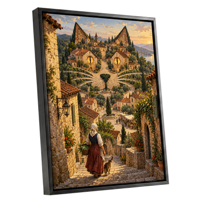 The Cat-Eyed Village, beige, green, gold abstract wall art shown as a black framed canvas wall art
