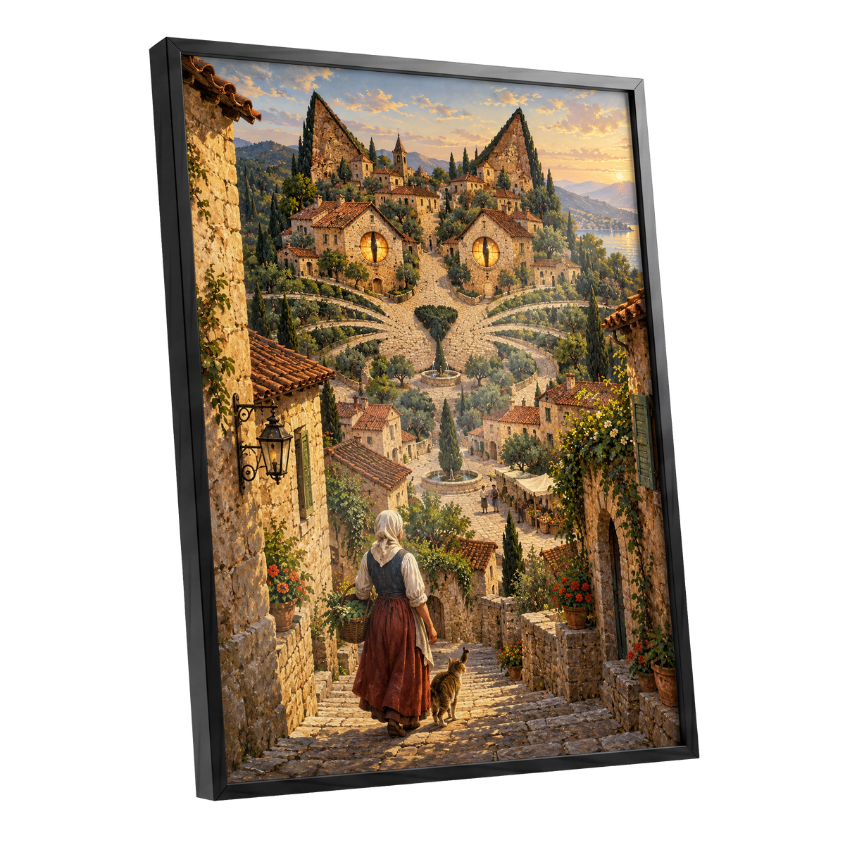 The Cat-Eyed Village, beige, green, gold abstract wall art shown as a black framed poster wall art print