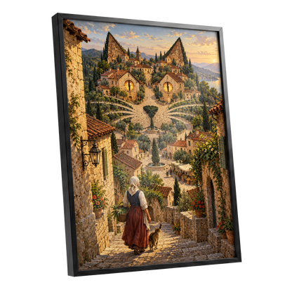 The Cat-Eyed Village, beige, green, gold abstract wall art shown as a black framed poster wall art print