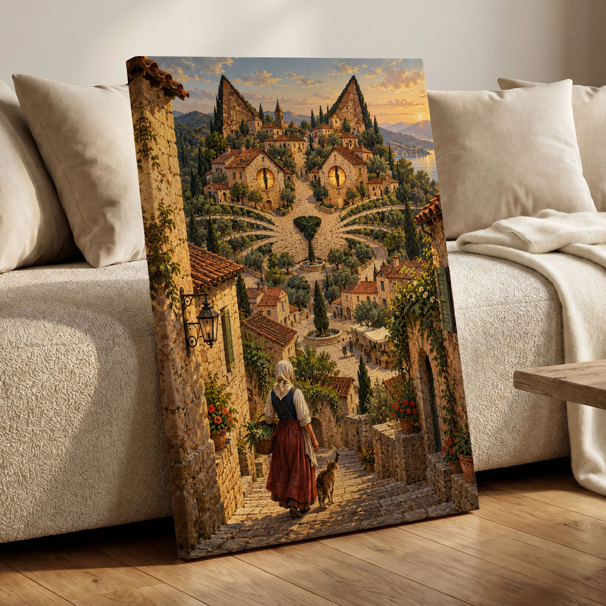 The Cat-Eyed Village, beige, green, gold abstract wall art on canvas displayed in a styled interior, gallery view 1