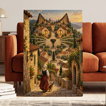 The Cat-Eyed Village, beige, green, gold abstract wall art on canvas displayed in a styled interior, gallery view 2