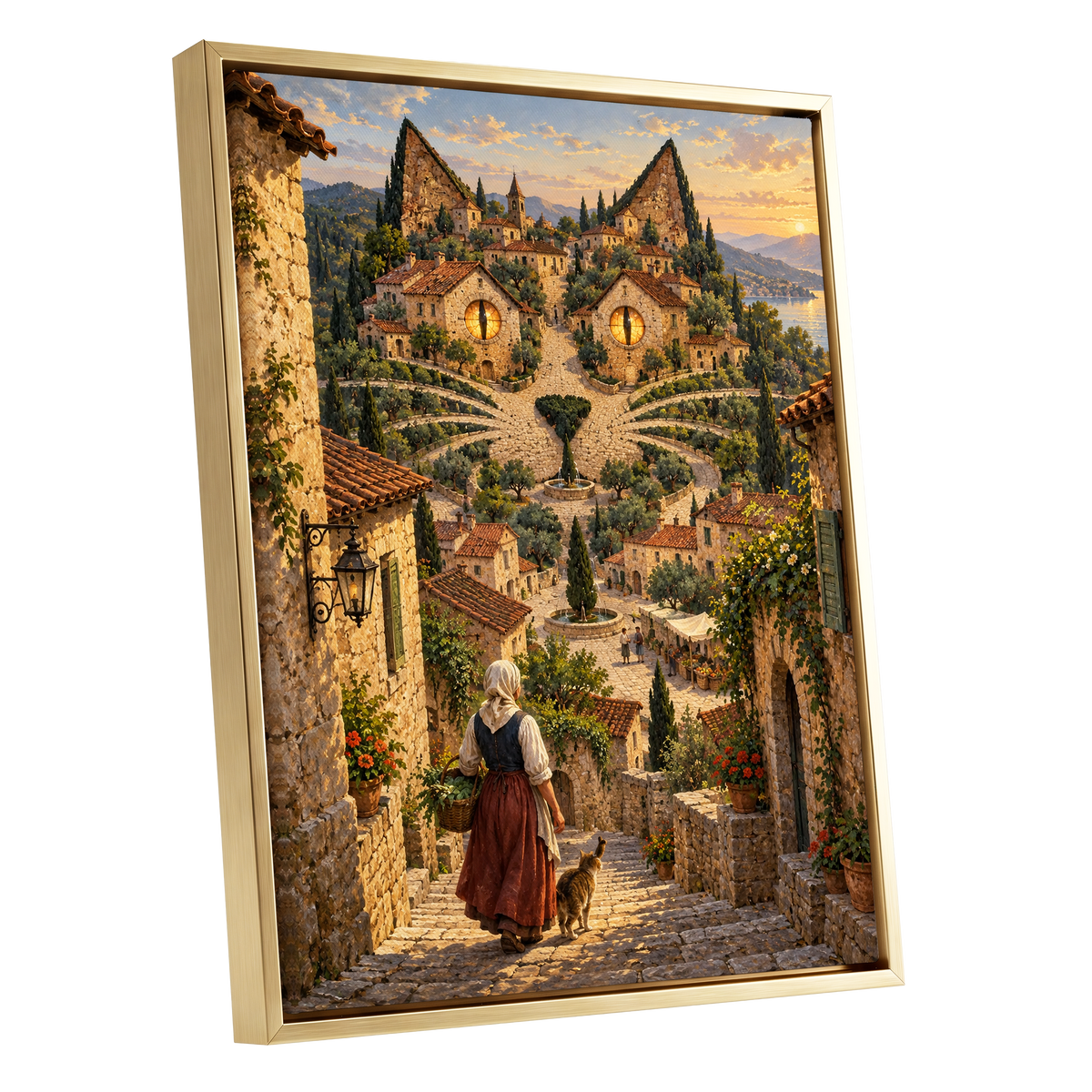 The Cat-Eyed Village, beige, green, gold abstract wall art shown as a gold framed canvas wall art