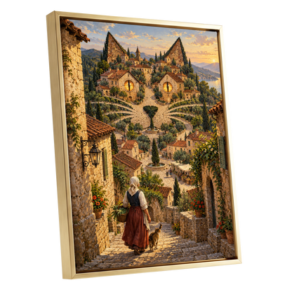 The Cat-Eyed Village, beige, green, gold abstract wall art shown as a gold framed canvas wall art