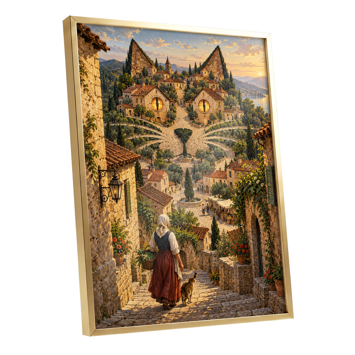 The Cat-Eyed Village, beige, green, gold abstract wall art shown as a gold framed poster wall art print